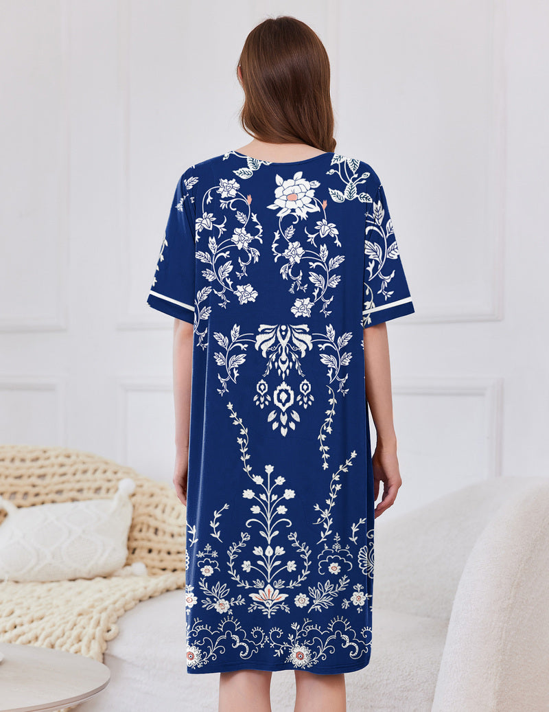 Blue floral zip-front short-sleeve housecoat robe with pockets, back view