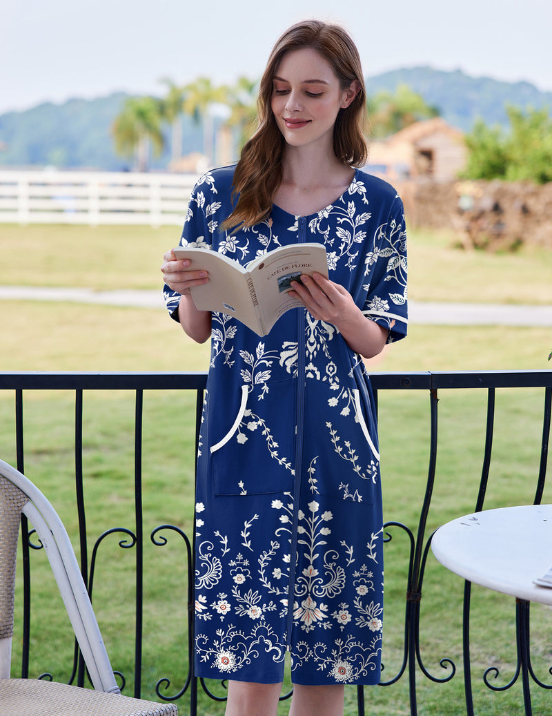 Blue floral zip-front short-sleeve housecoat robe with pockets and side slit