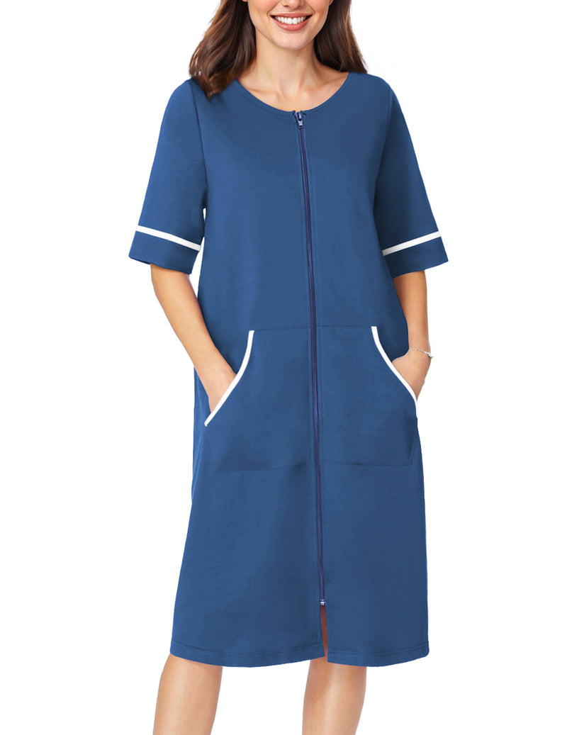 Blue solid zip-front short-sleeve housecoat robe with pockets and contrast cuffs