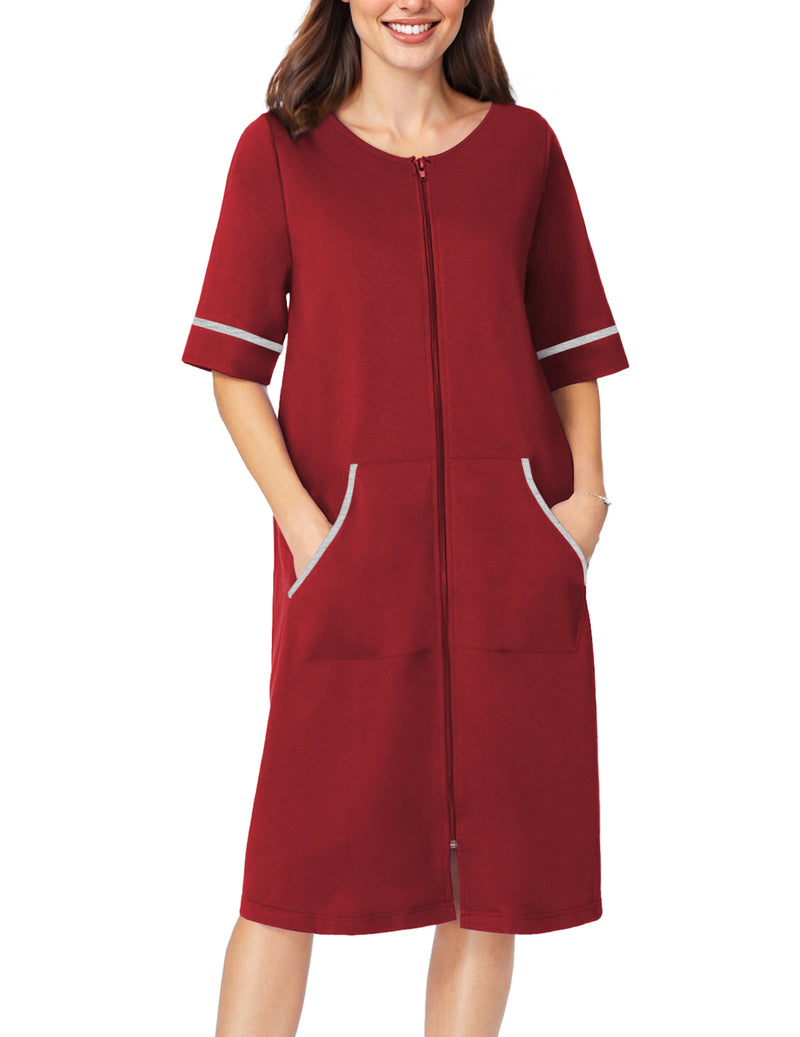 Wine red solid zip-front short-sleeve housecoat robe with pockets and contrast trim