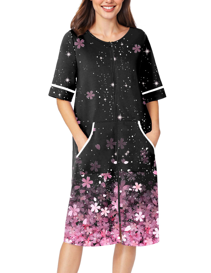 Black floral zip-front short-sleeve housecoat robe with pockets and pink accents