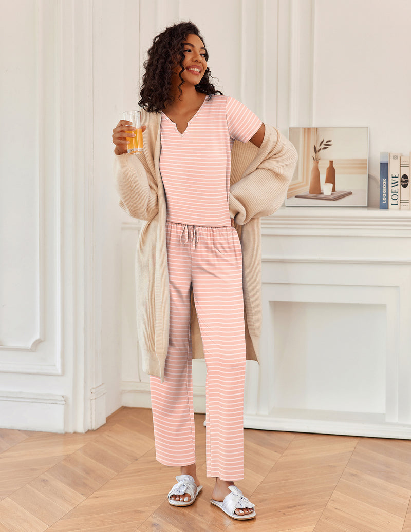 2 Piece Pajamas V Neck Short Sleeve Top and Long Pants
