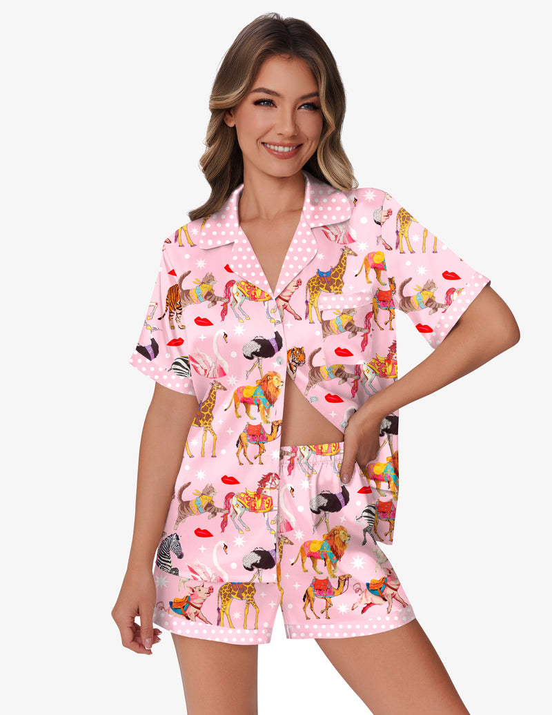 Ekouaer Silk Satin Teddy Pajamas Set Animals Print Pjs Lounge Set