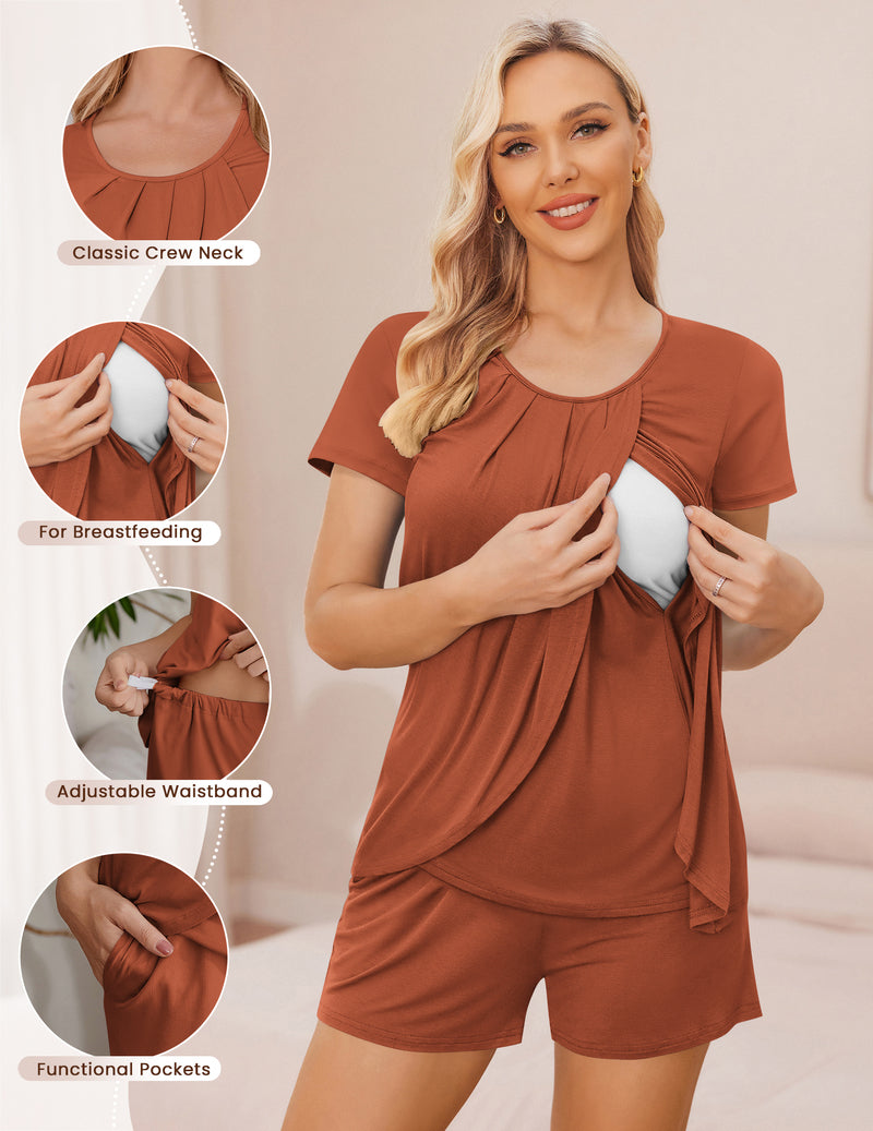 Ekouaer maternity nursing pajama set, brown crew-neck top with nursing access and pockets