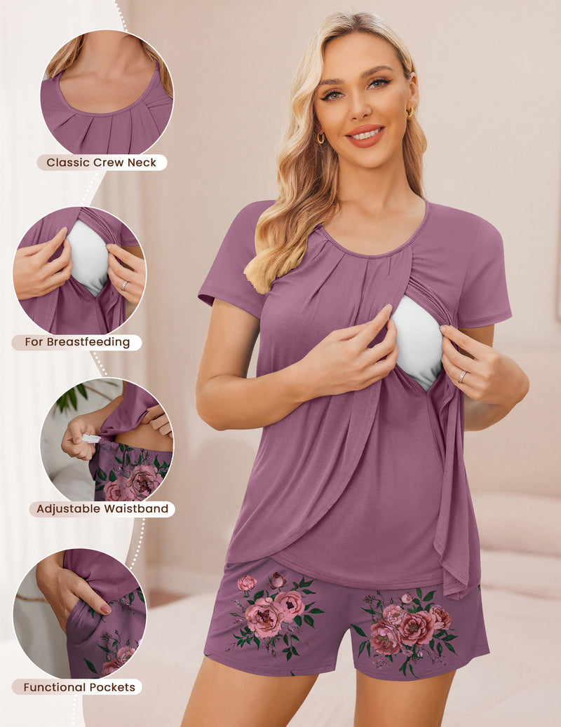 Mauve maternity nursing pajama set with short sleeves and floral shorts; chest access panel shown.