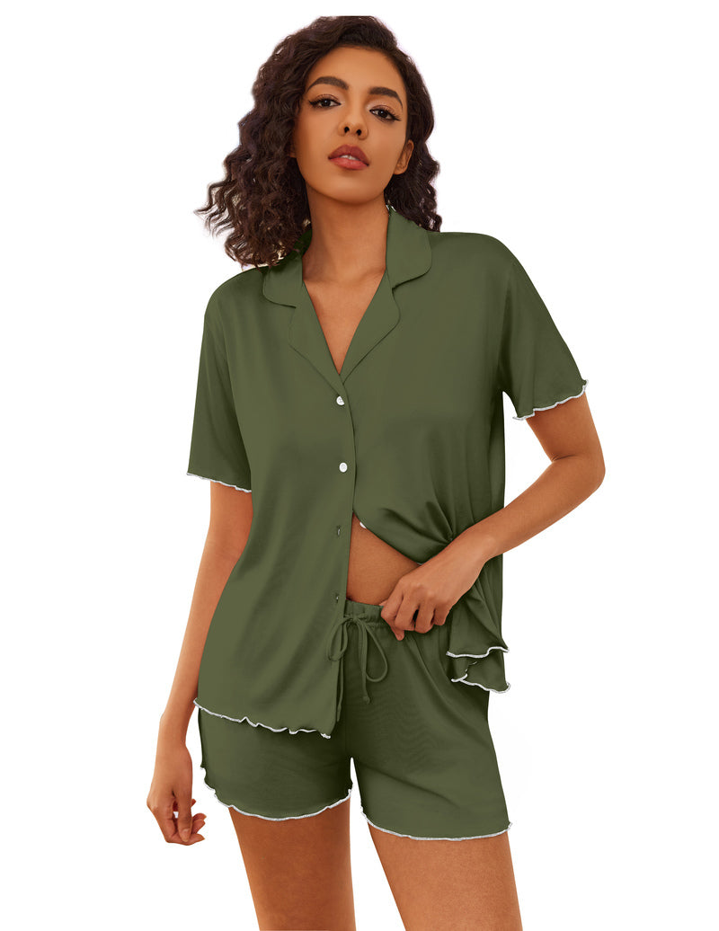 Olive green button-up pajama set with short sleeves and drawstring shorts, ruffle trim