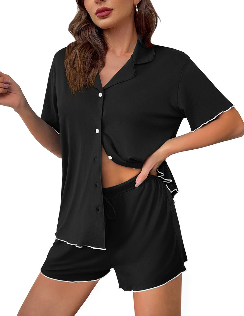 Black button-up pajama set with short sleeves and drawstring shorts, scalloped hem