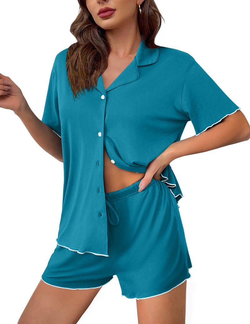 Teal button-up pajama set with short sleeves and drawstring shorts, scalloped trim