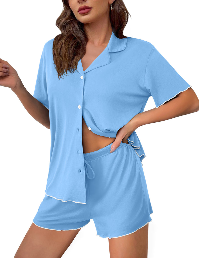 Light blue button-up pajama set with short sleeves and drawstring shorts, scalloped trim