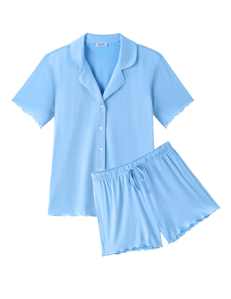 Light blue button-up pajama set with short sleeves and drawstring shorts