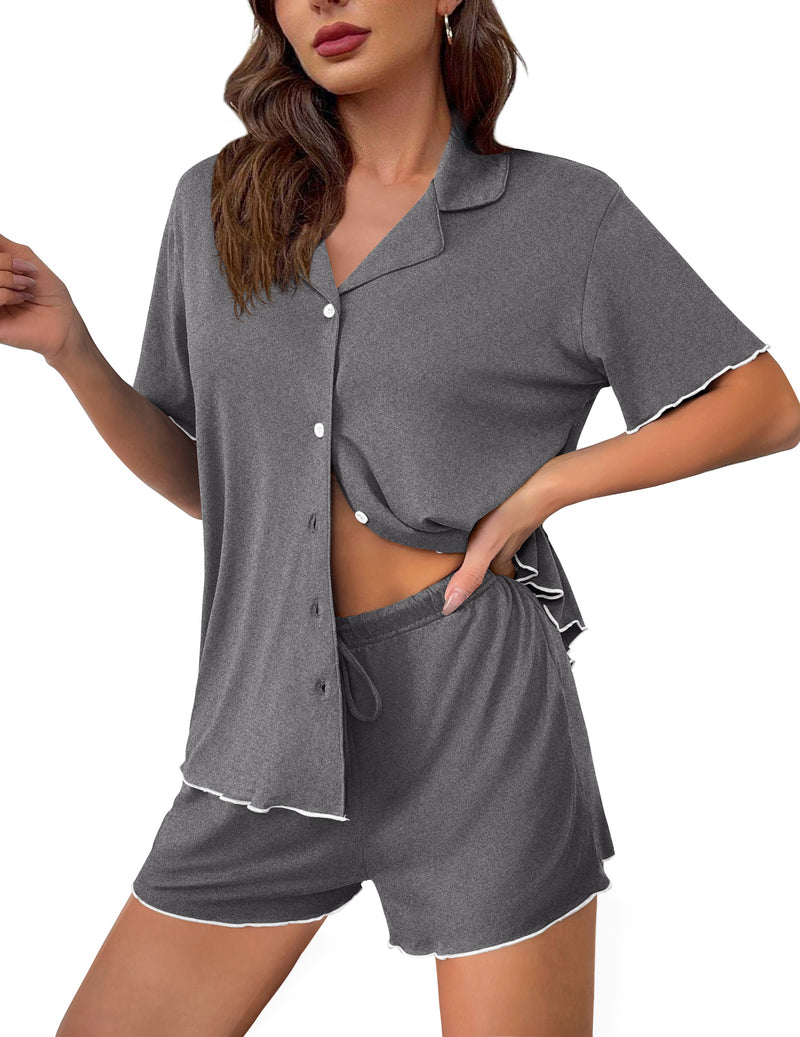 Dark gray button-up pajama set with short sleeves and drawstring shorts, scalloped trim