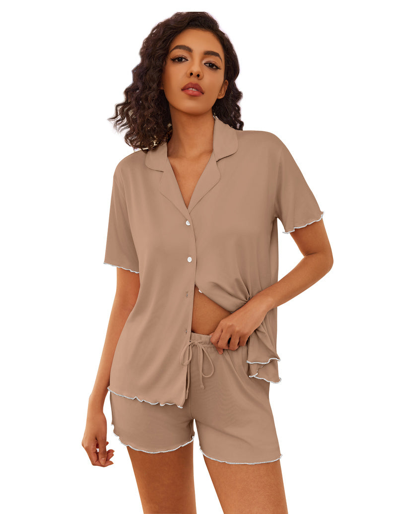 Beige button-up pajama set with short sleeves and drawstring shorts, scalloped hem