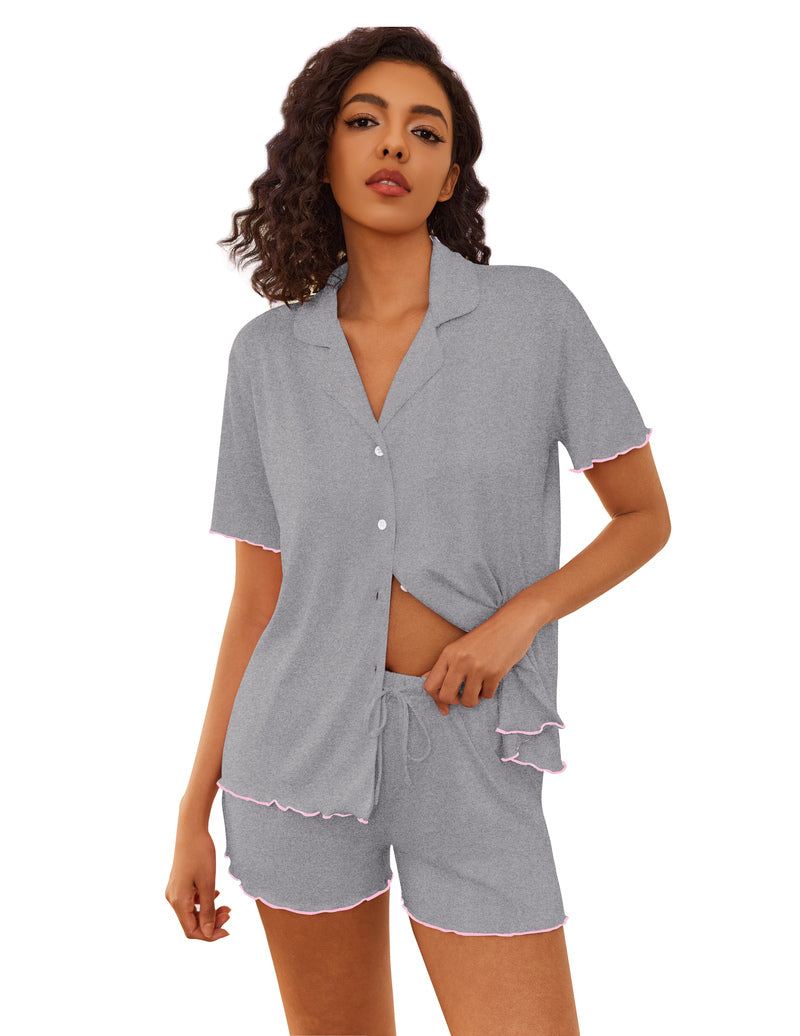 Grey button-up short-sleeve pajama top and matching drawstring shorts with ruffle trim