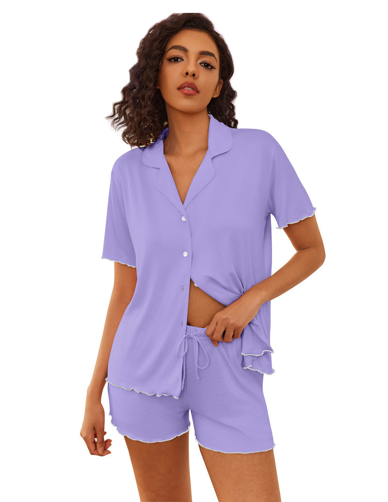 Lavender button-up short-sleeve pajama set with drawstring shorts and ruffle-trim hem