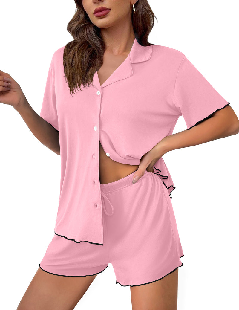 Pink button-up short-sleeve pajama top and matching drawstring shorts with trim edging