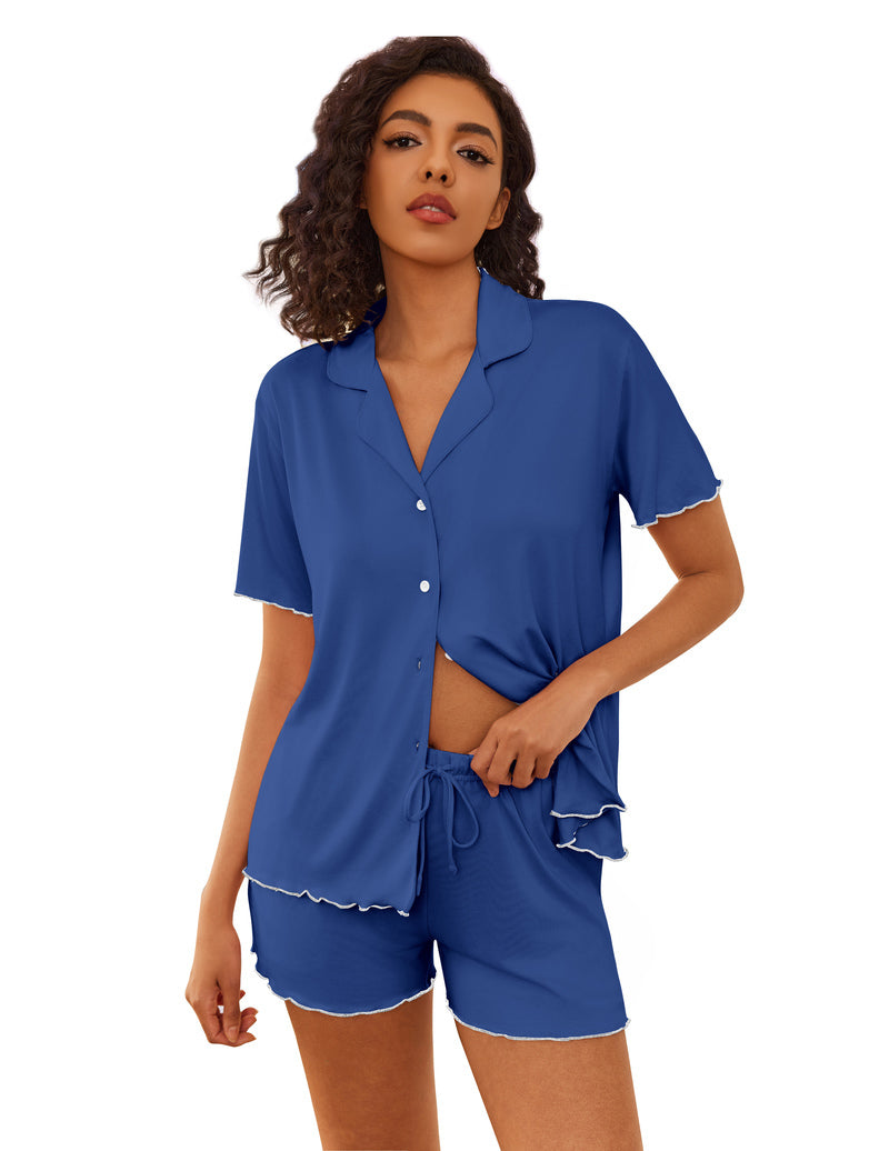Blue button-up short-sleeve pajama top and matching drawstring shorts with ruffle cuff trim