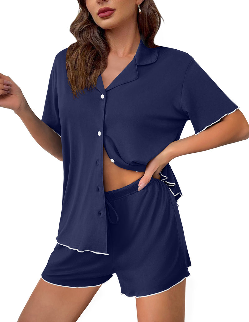 Dark navy button-up short-sleeve pajama set with drawstring shorts and ruffle-trim edges