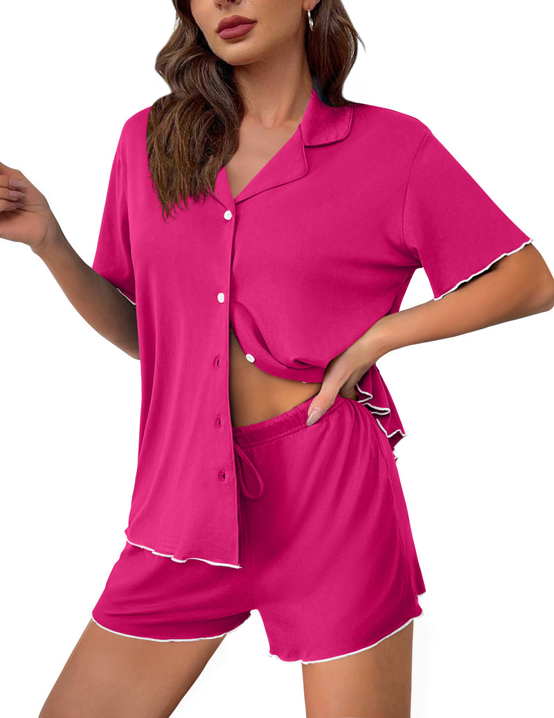 Fuchsia pink button-up short-sleeve pajama set with drawstring shorts and ruffle trim