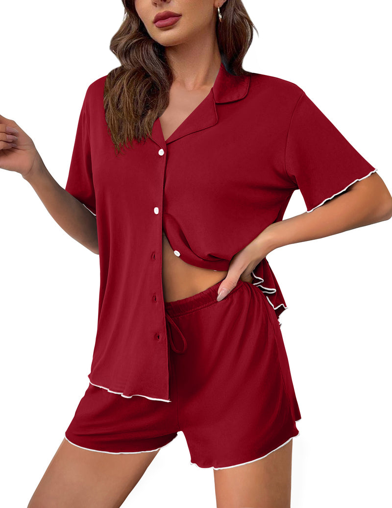 Wine red button-up short-sleeve pajama set with drawstring shorts and ruffle trim