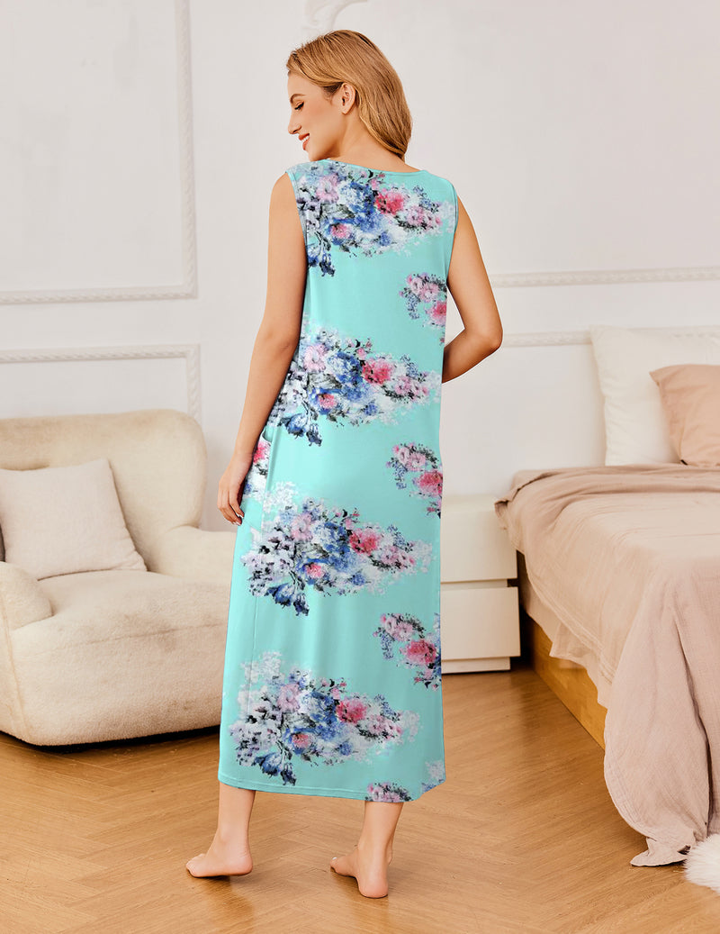 Ekouaer Sleeveless Long Print House Dress Nightgown