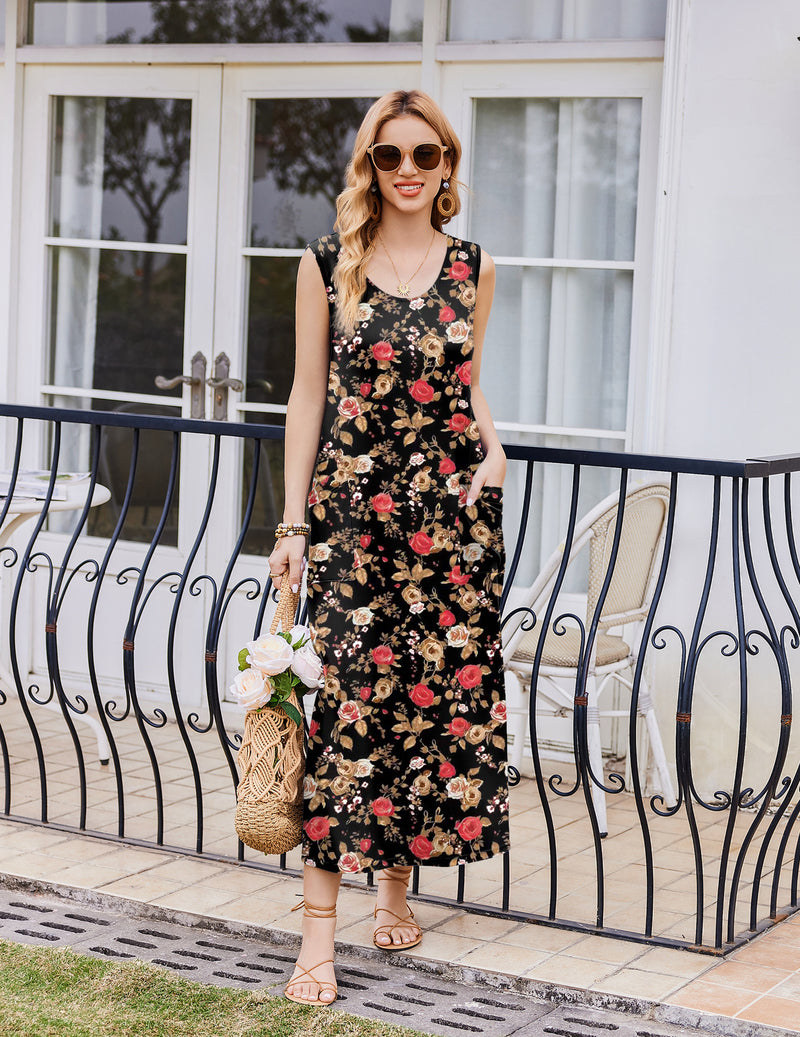 Ekouaer Sleeveless Long Print House Dress Nightgown