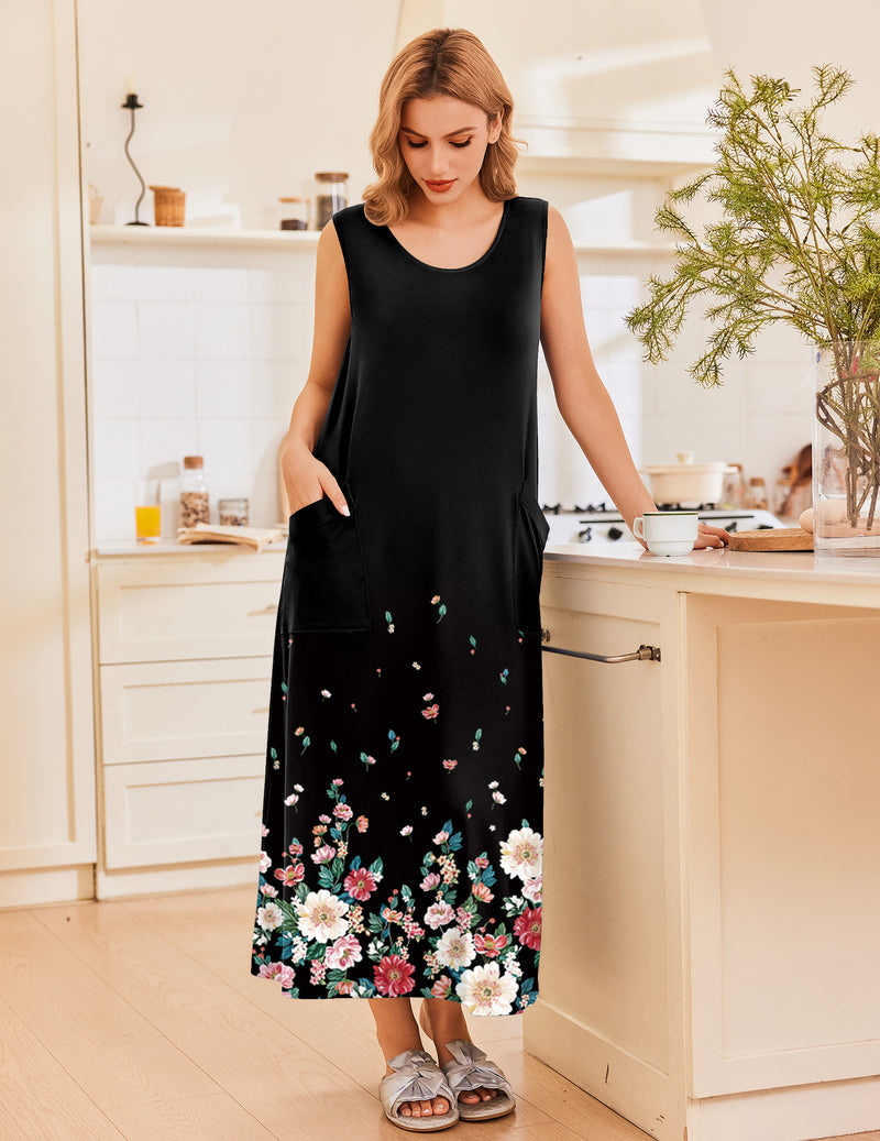 Ekouaer Sleeveless Long Print House Dress Nightgown