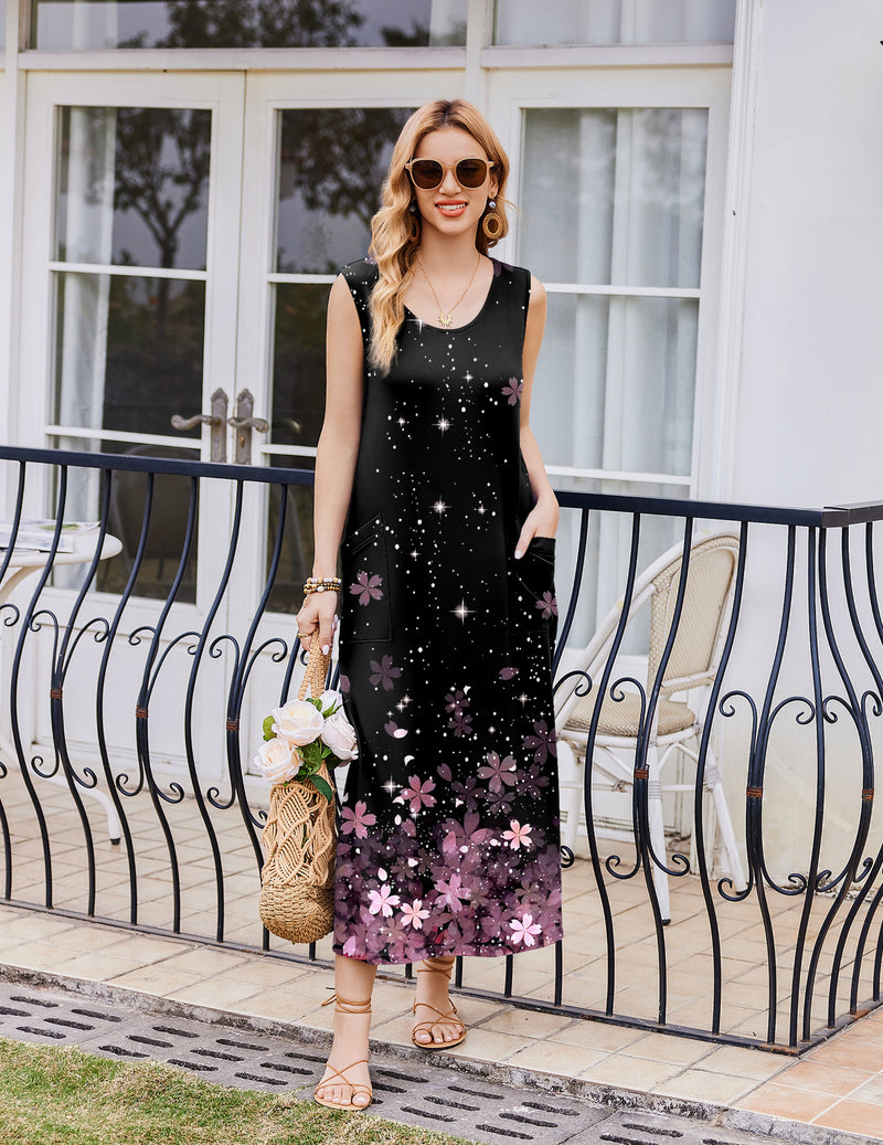 Ekouaer Sleeveless Long Print House Dress Nightgown