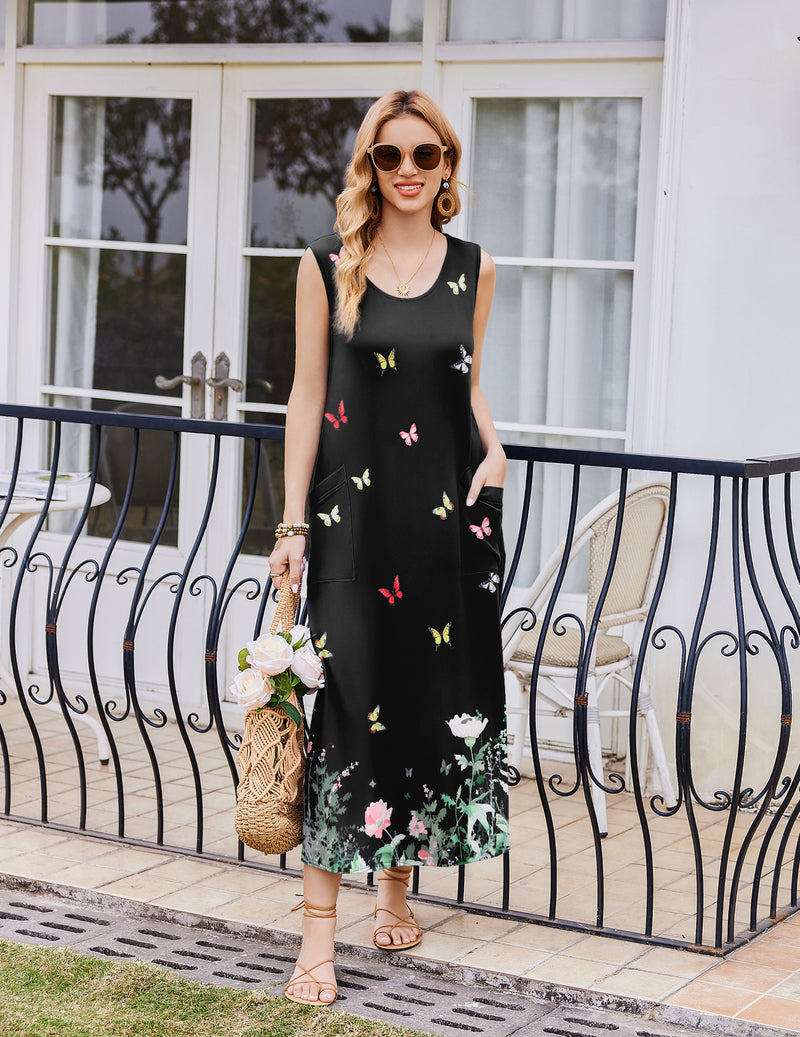 Ekouaer Sleeveless Long Print House Dress Nightgown