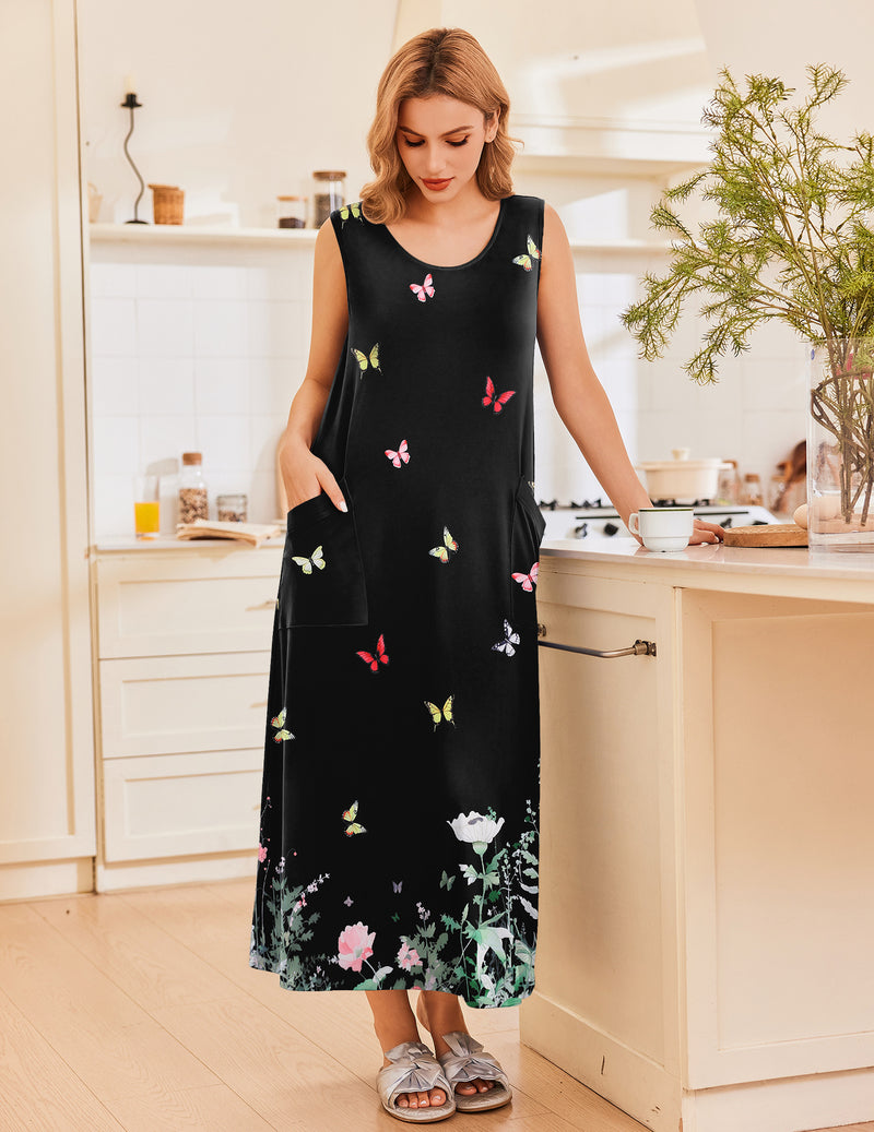 Ekouaer Sleeveless Long Print House Dress Nightgown