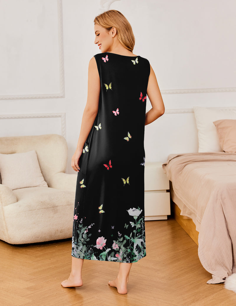 Ekouaer Sleeveless Long Print House Dress Nightgown