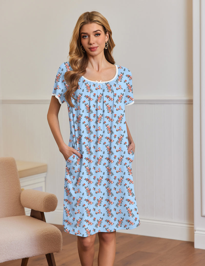 Short Sleeve House Dresses with Pockets Pleated Mumu Dress