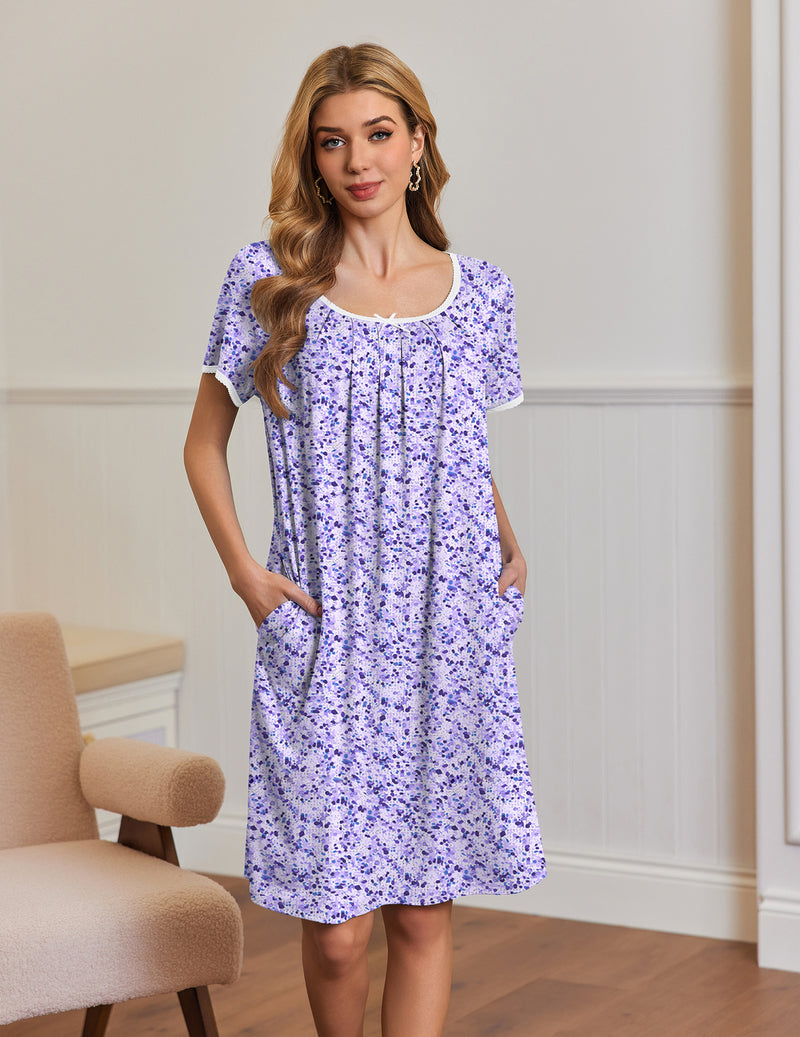 Short Sleeve House Dresses with Pockets Pleated Mumu Dress