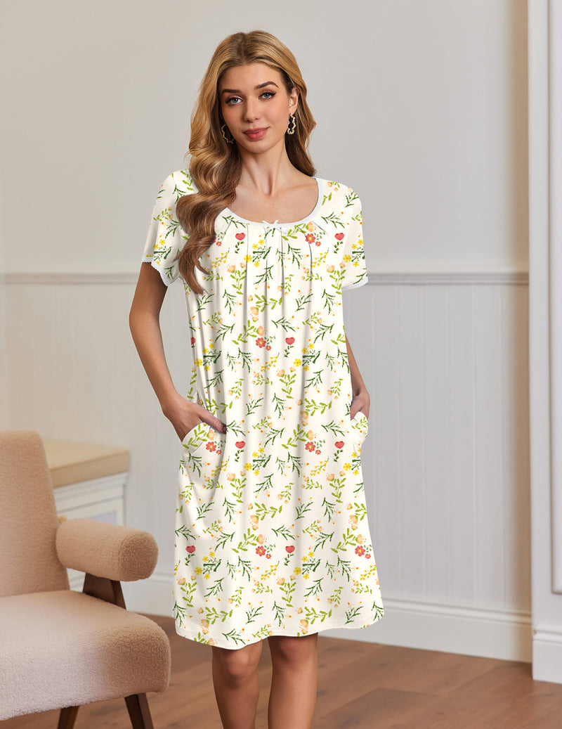 Short Sleeve House Dresses with Pockets Pleated Mumu Dress