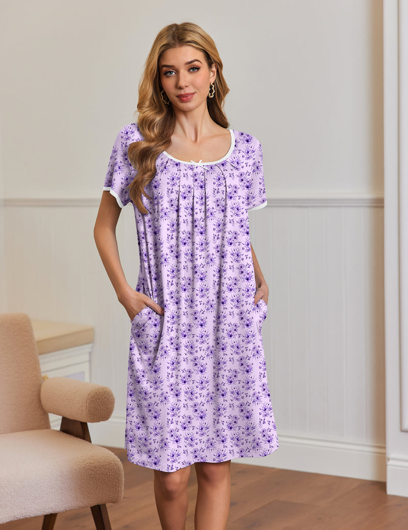 Short Sleeve House Dresses with Pockets Pleated Mumu Dress