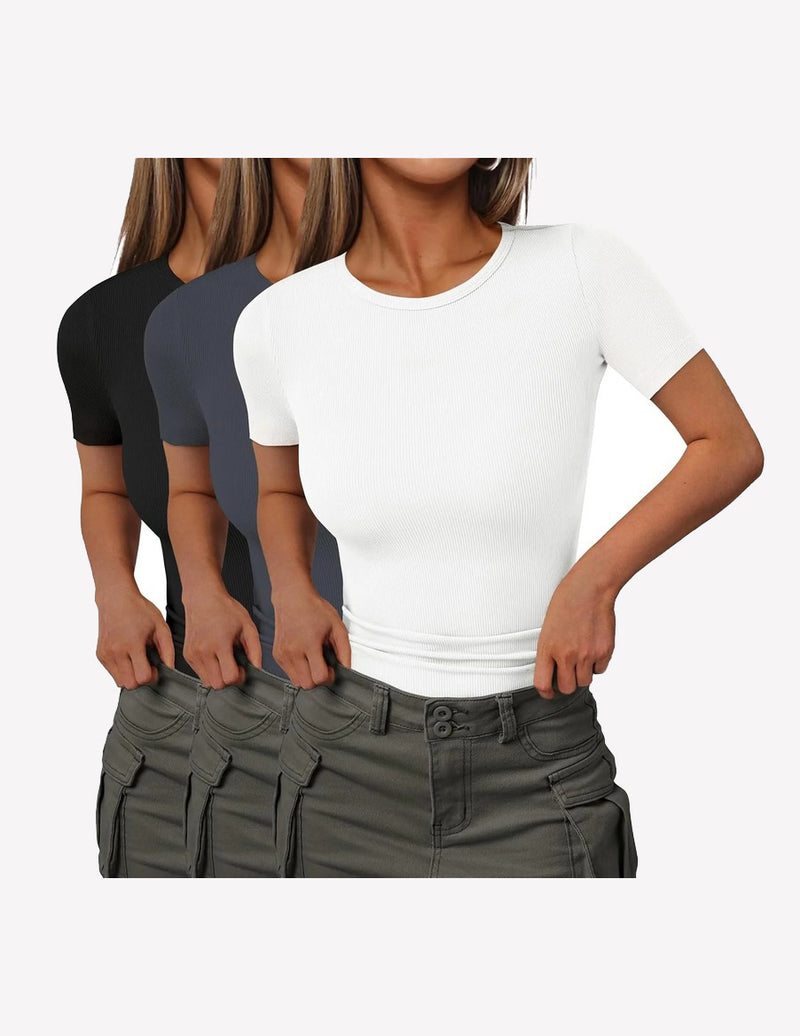 3 Packs Short Sleeve Shirts Lightweight Basic Tops Ribbed Knit Tees