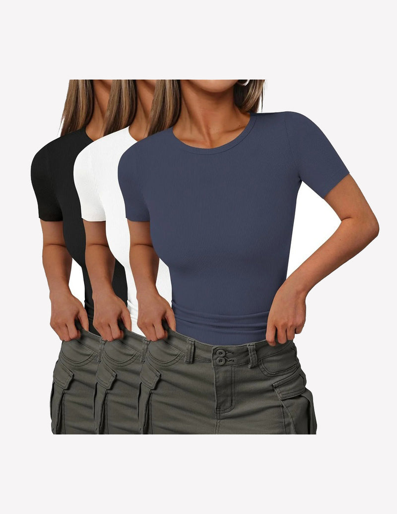 3 Packs Short Sleeve Shirts Lightweight Basic Tops Ribbed Knit Tees