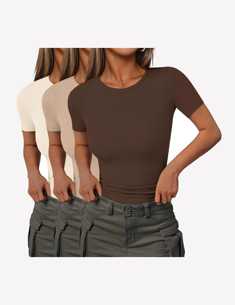 3 Packs Short Sleeve Shirts Lightweight Basic Tops Ribbed Knit Tees