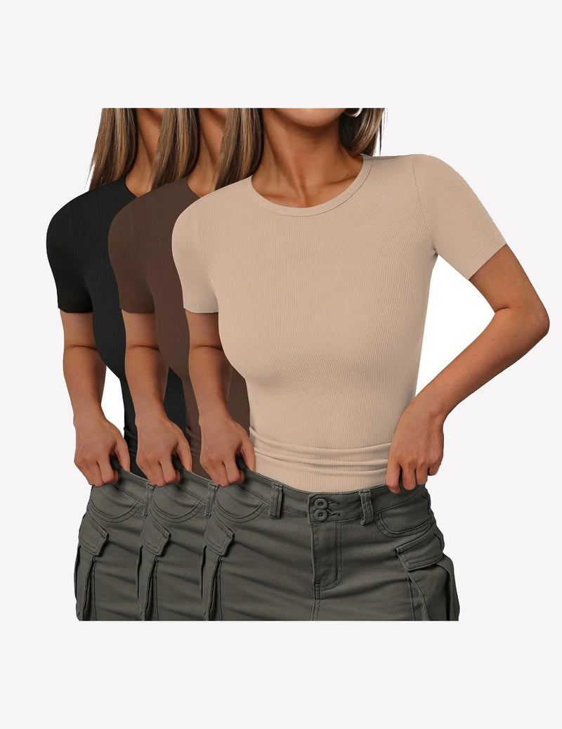 3 Packs Short Sleeve Shirts Lightweight Basic Tops Ribbed Knit Tees