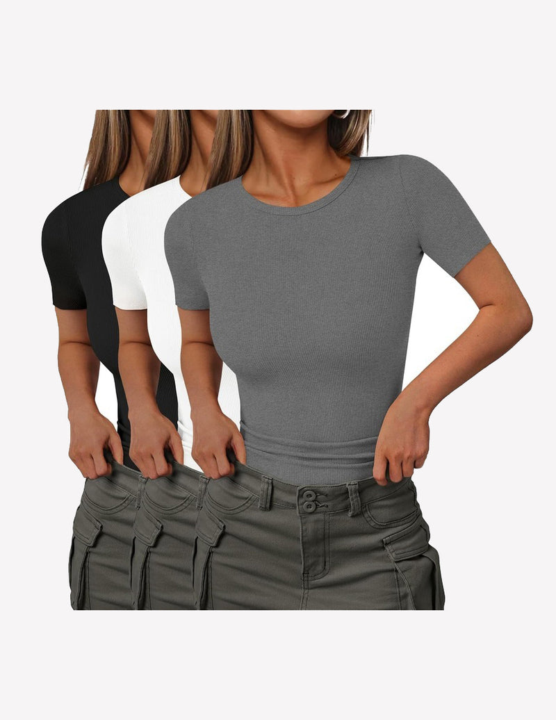 3 Packs Short Sleeve Shirts Lightweight Basic Tops Ribbed Knit Tees