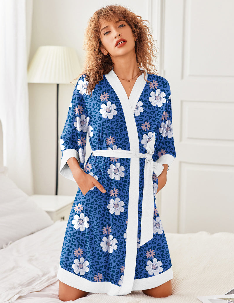 Blue floral knit kimono robe with white trim and belt, 3/4 sleeves, knee length