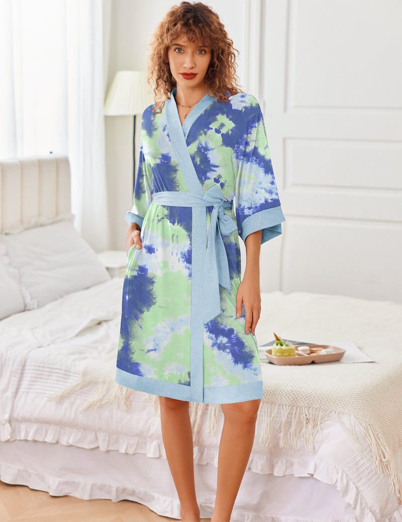 Blue-green tie-dye knit kimono robe with belt, 3/4 sleeves, knee length