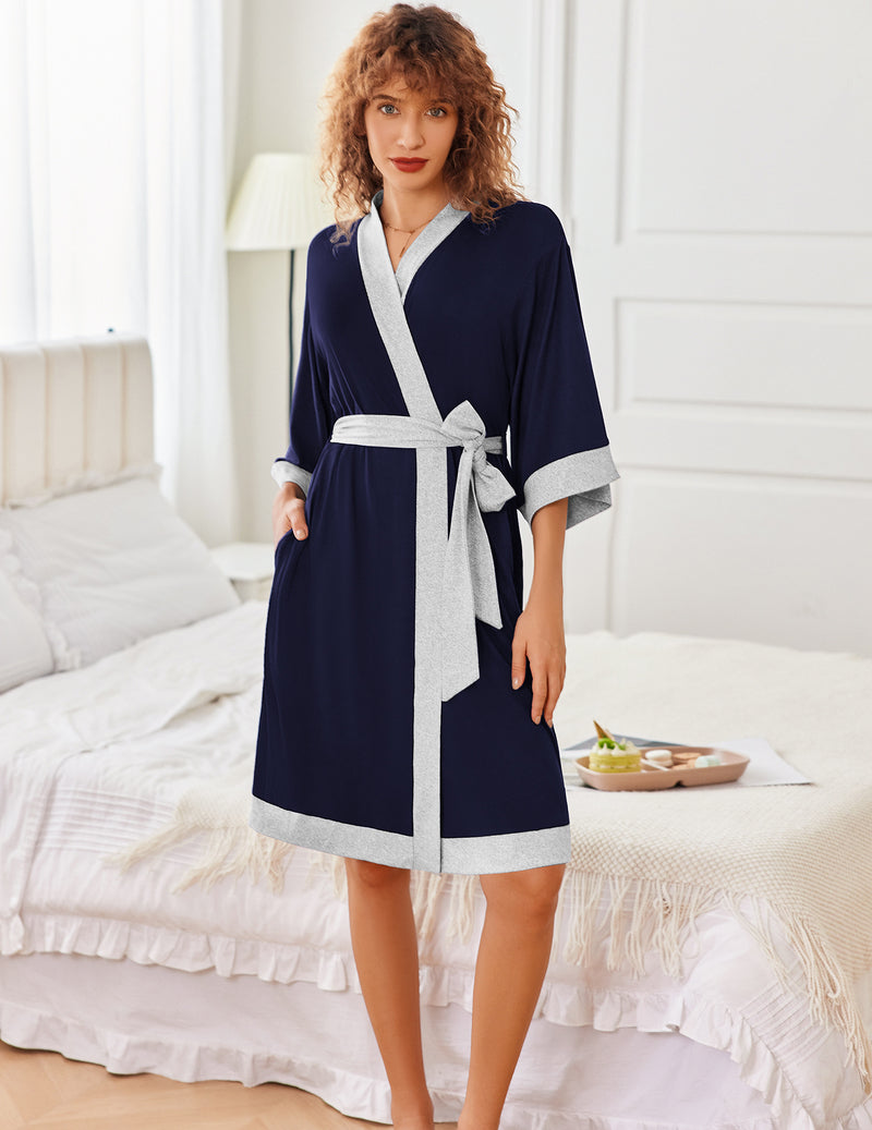 Lightweight knit kimono robe in navy with white trim and waist tie, 3/4 sleeves