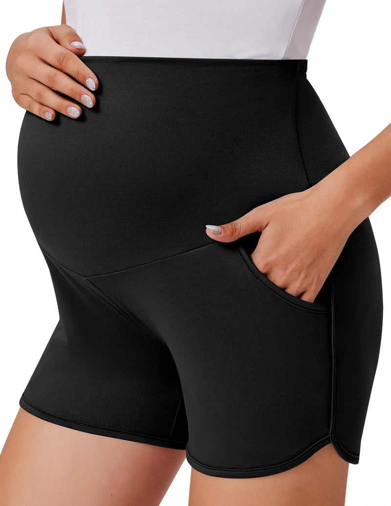 Maternity over-belly shorts in black, pocketed sides, fold-over waistband