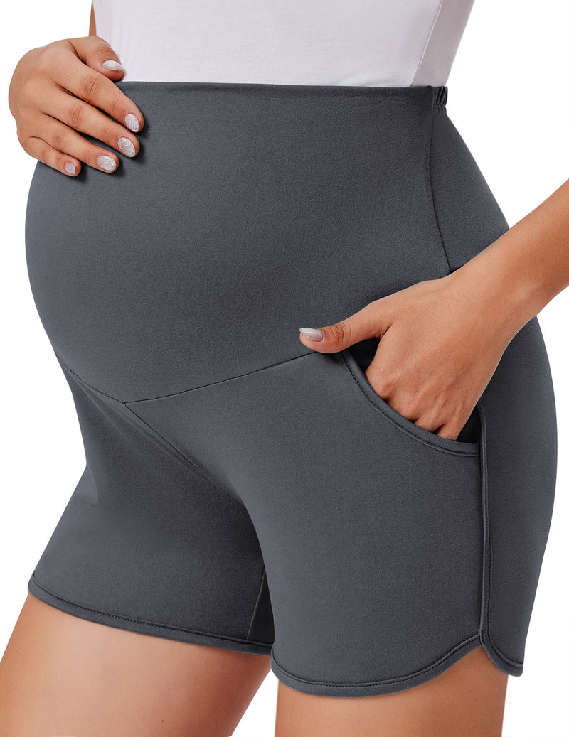 Maternity over-belly shorts in dark gray, pocketed sides, fold-over waistband