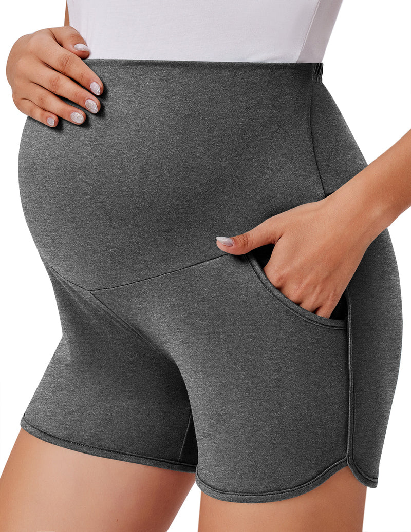 Maternity over-belly shorts in heather gray, with side pockets and fold-over waistband