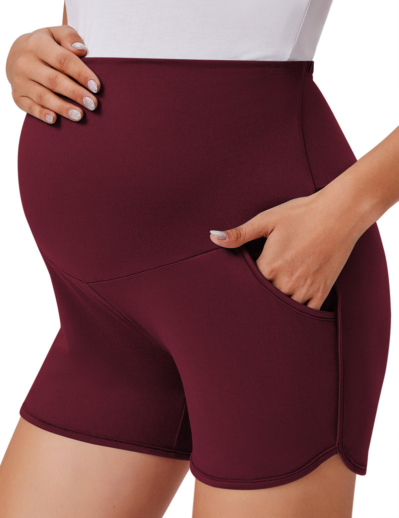 Maternity over-belly shorts in wine red, with side pockets and fold-over waistband