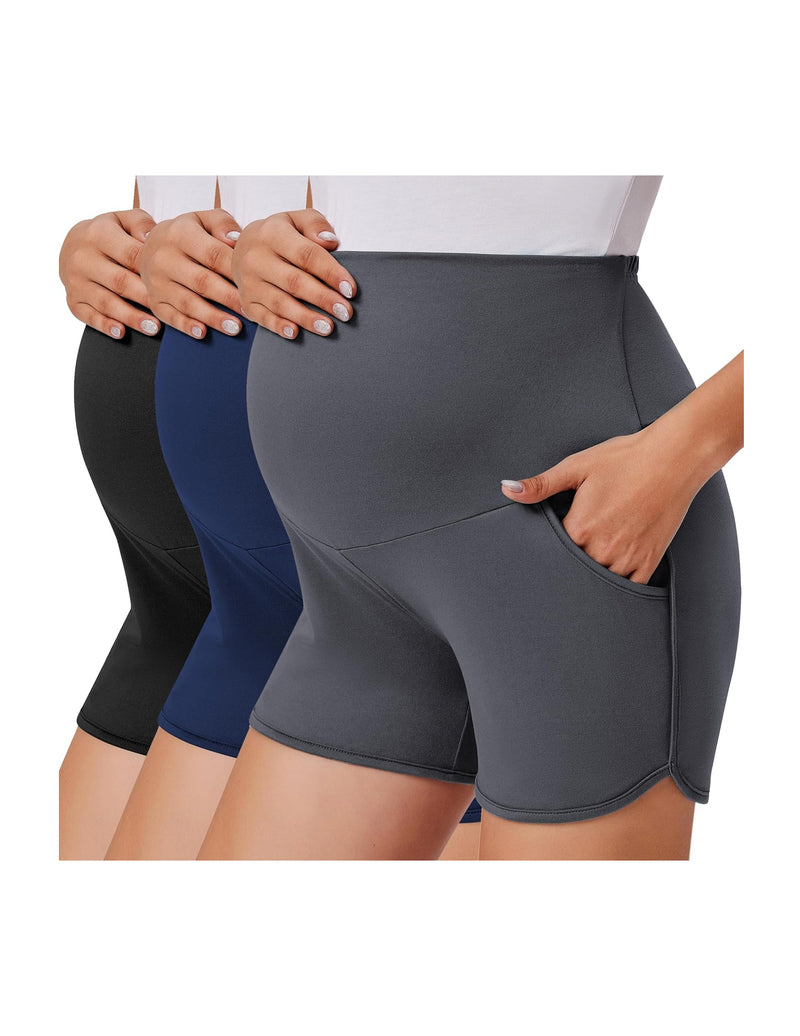 Over-belly maternity shorts 3-pack with pockets, dark grey, navy, black.