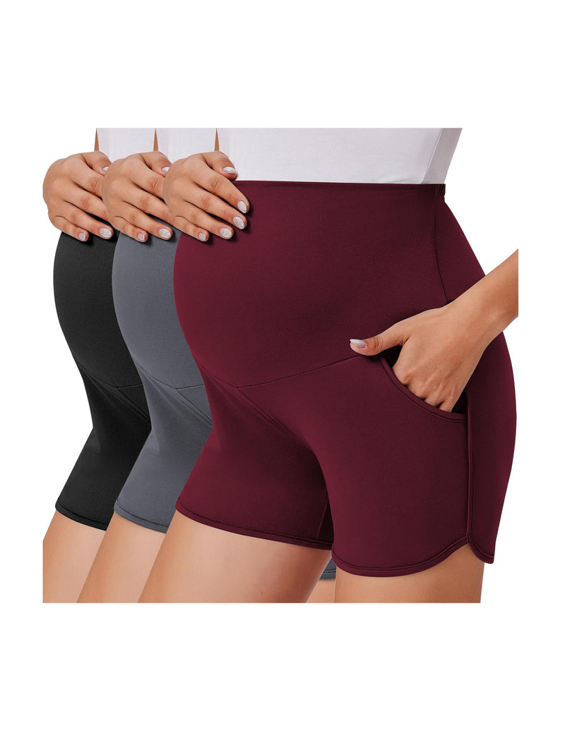 Over-belly maternity shorts 3-pack with pockets, wine red, dark grey, black.