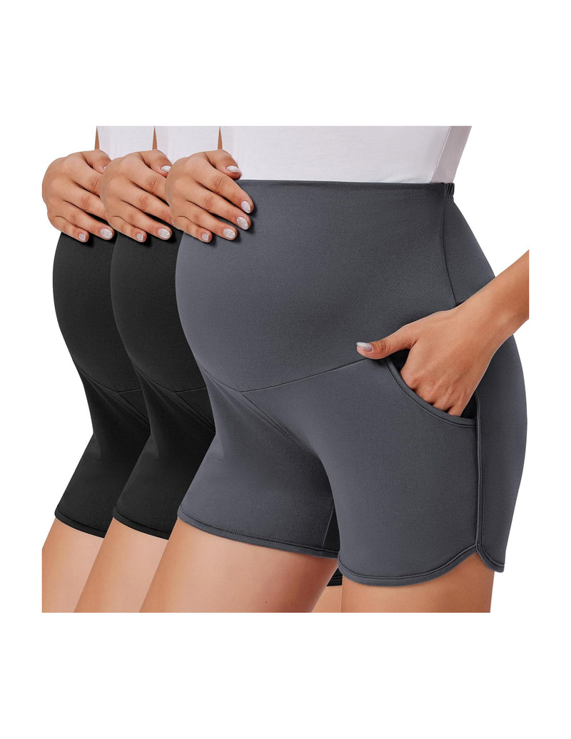 Over-belly maternity shorts 3-pack with pockets, dark grey, black, charcoal.