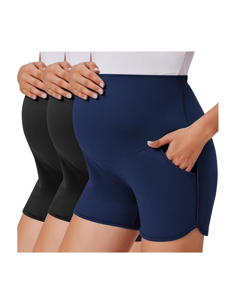 Over-belly maternity shorts 3-pack with pockets, navy, black, dark grey.